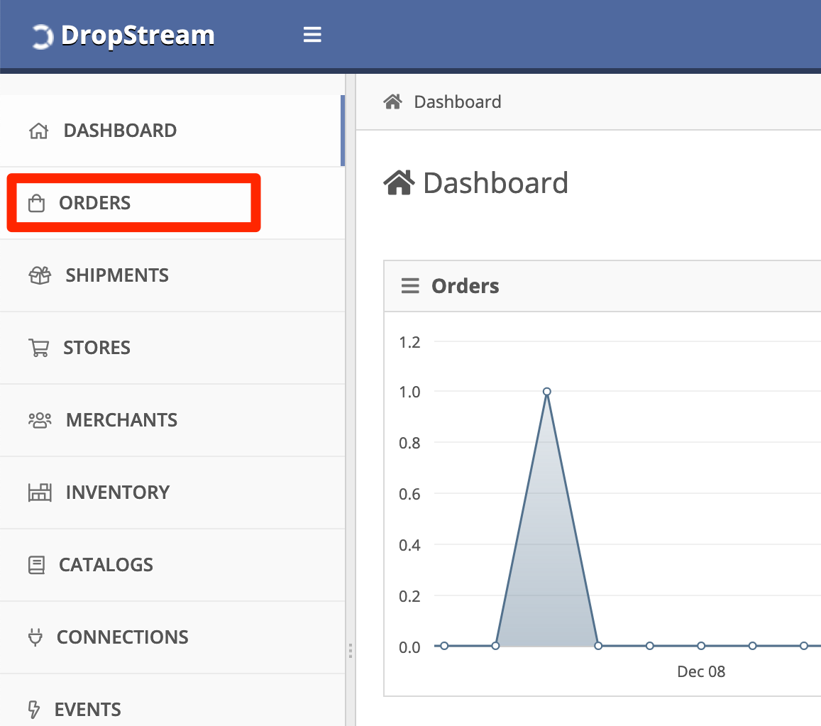 In DropStream Dashboard, click Orders.
