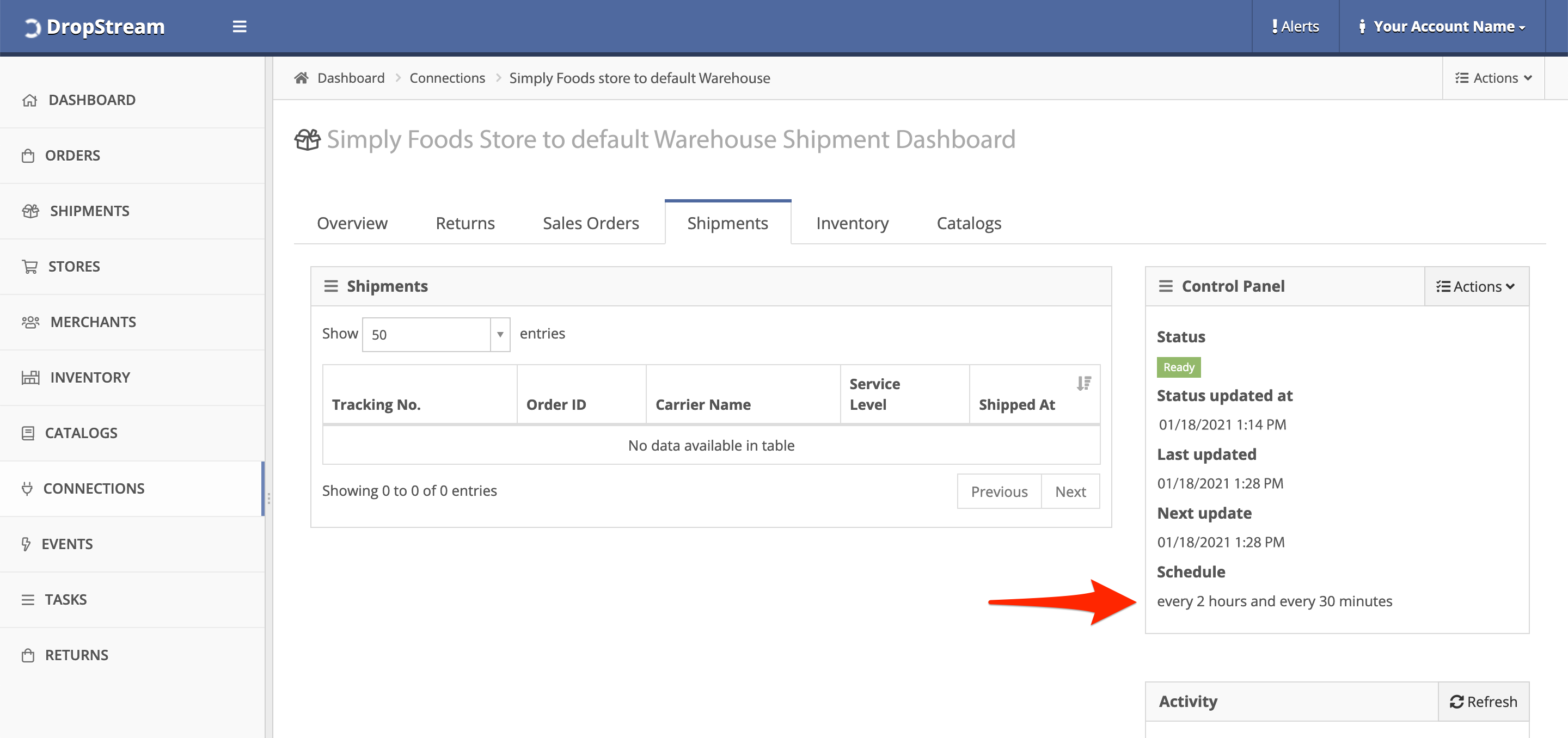 The updated schedule is shown in the Control Panel of the Shipments Dashboard.