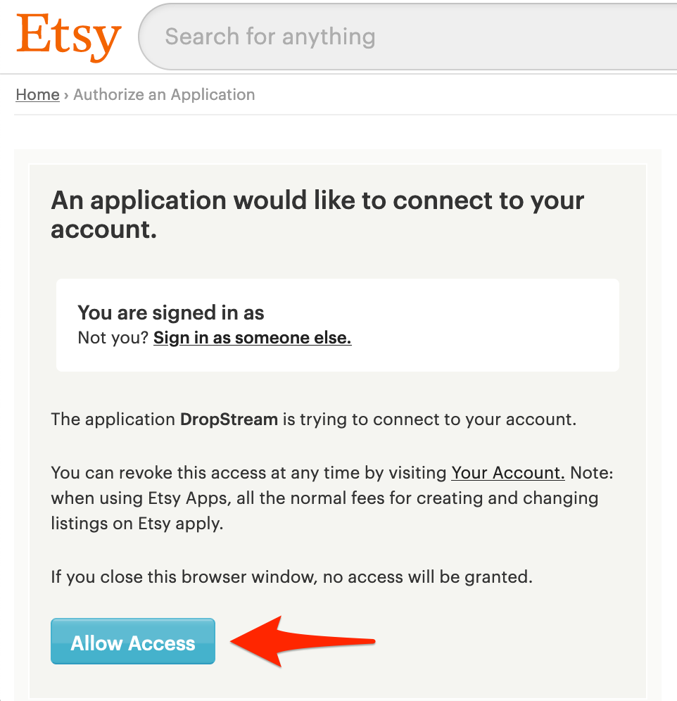 Allow Access in Etsy