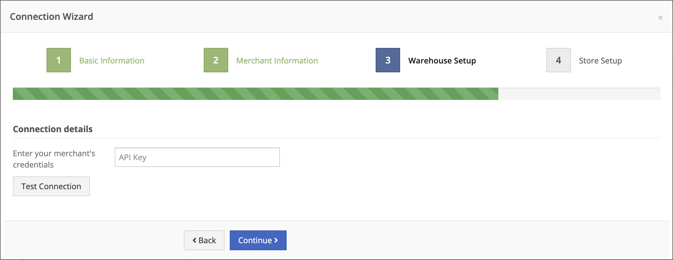 Enter WMS credentials if creating a new merchant. Or, select a warehouse for an existing merchant (choose 'default' if you're not sure).