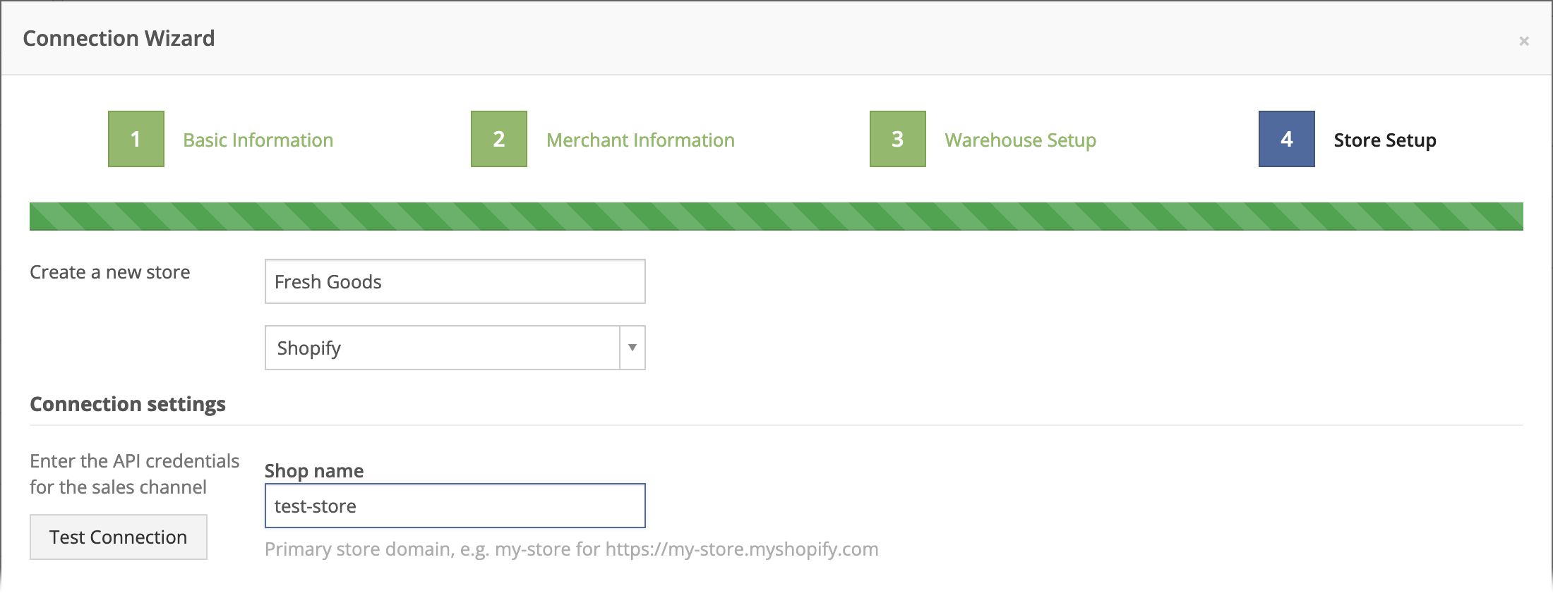 Enter the Shopify store's myshopify.com subdomain as the Shop Name.