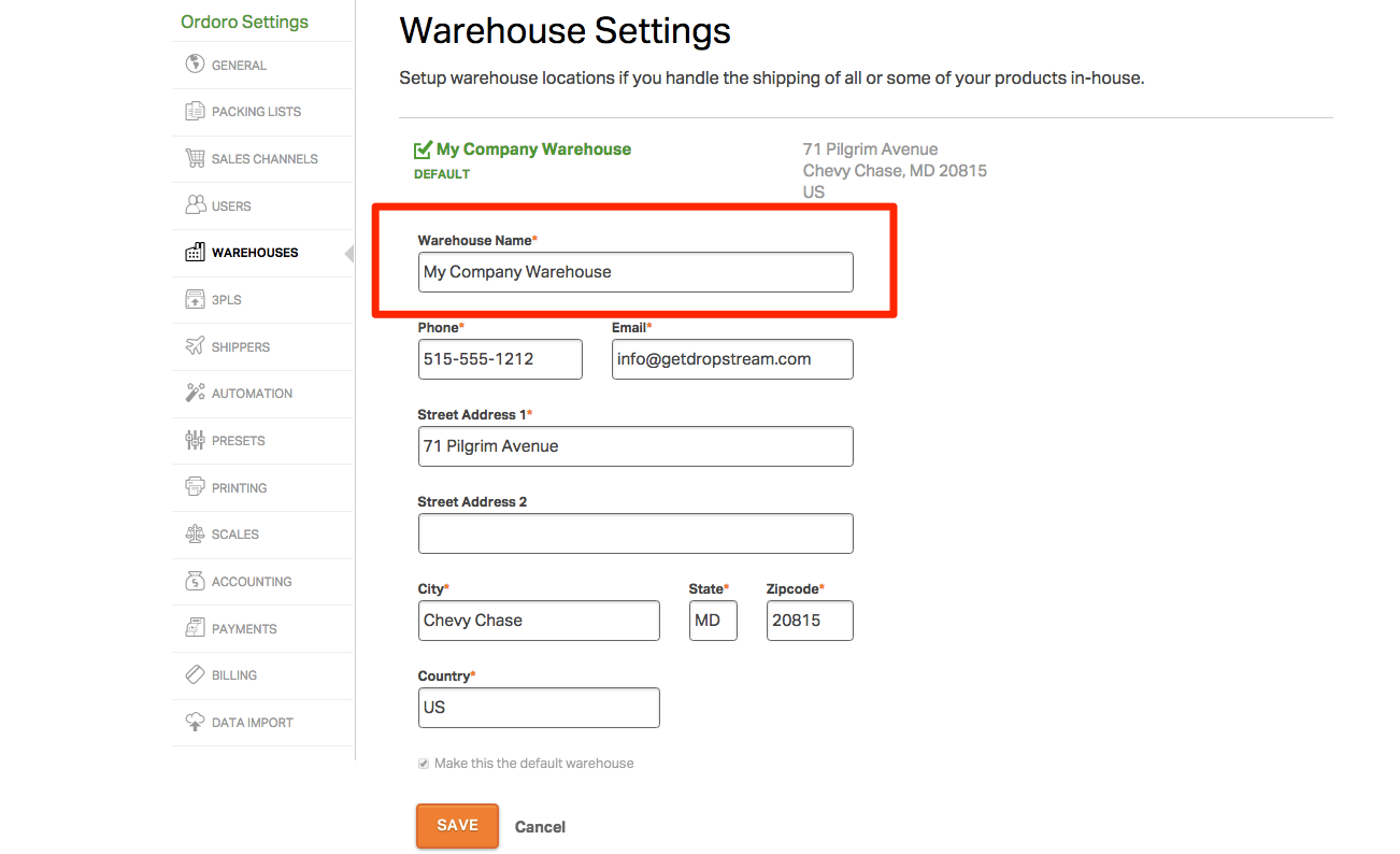 Click the name of the warehouse you want to import orders from.