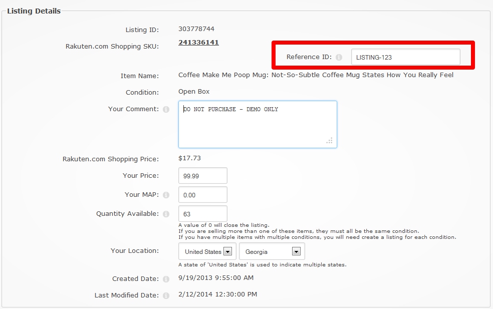 In Rakuten, go to Manage Products, Manage Listings. Search for the product, then click Listing ID. Retain the Reference ID.