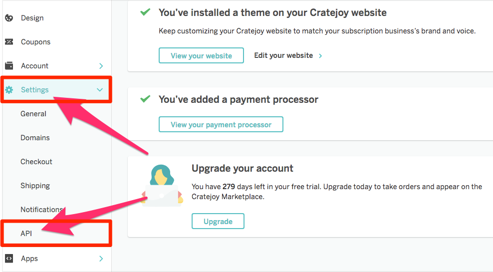 In Cratejoy, click Settings, API.