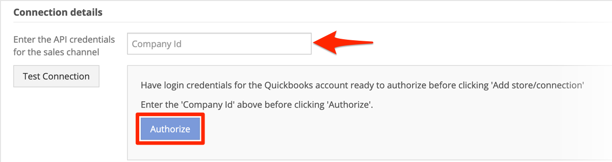 In Connection details, enter your QuickBooks Online Company ID, then click Authorize.