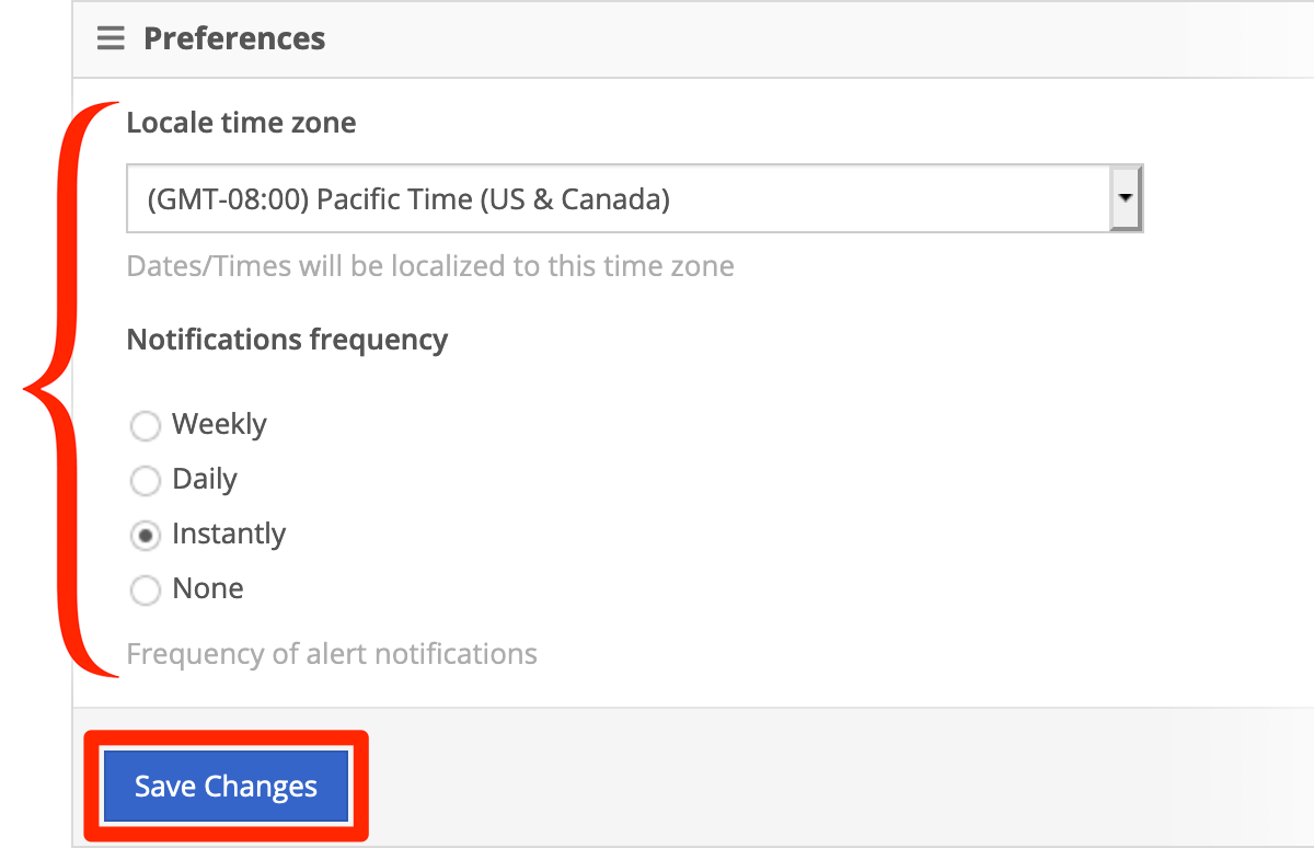 Set timezone and frequency of alerts, then click Save changes.