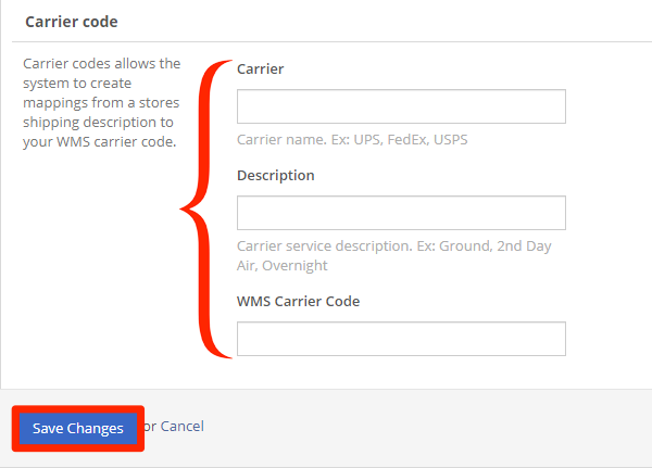 Carrier Code configuration fields (Carrier, Description, WMS Carrier Code).