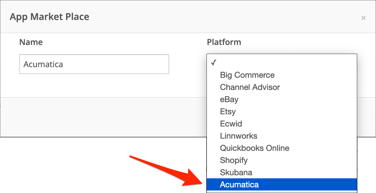 In DropStream, enter a name for the App, and select Acumatica as the platform.
