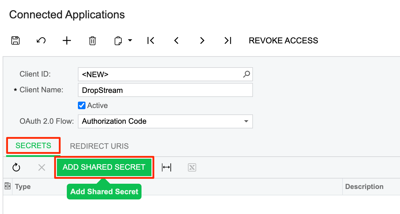 In Acumatica, click Secrets, then click Add Shared Secret.