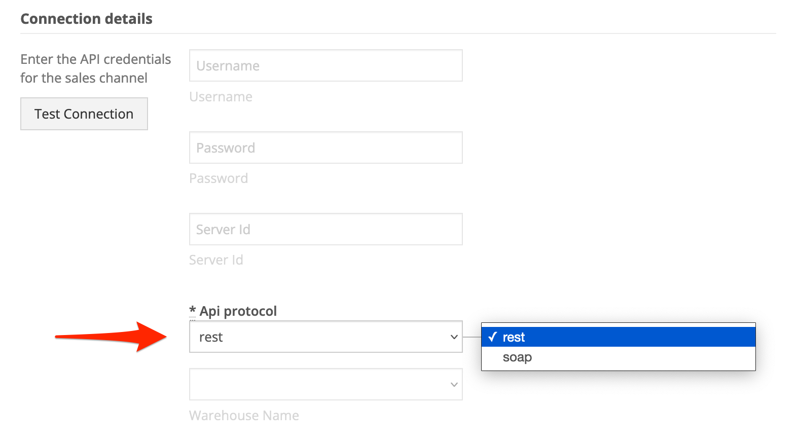 In Sellercloud REST connection details, specify REST as the API protocol.
