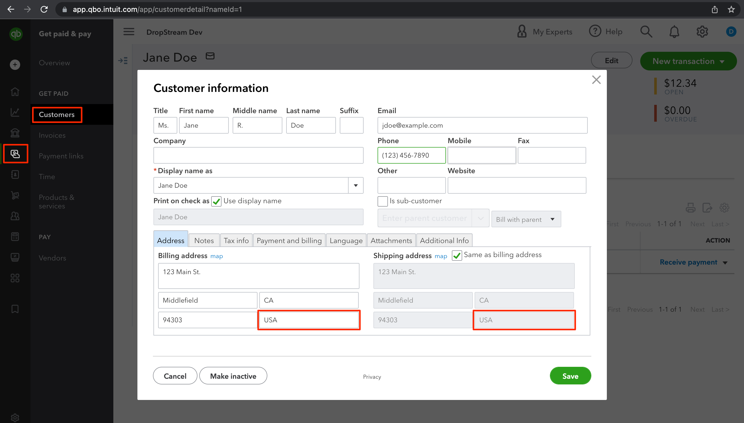 QuickBooks Online customer information - include Shipping country