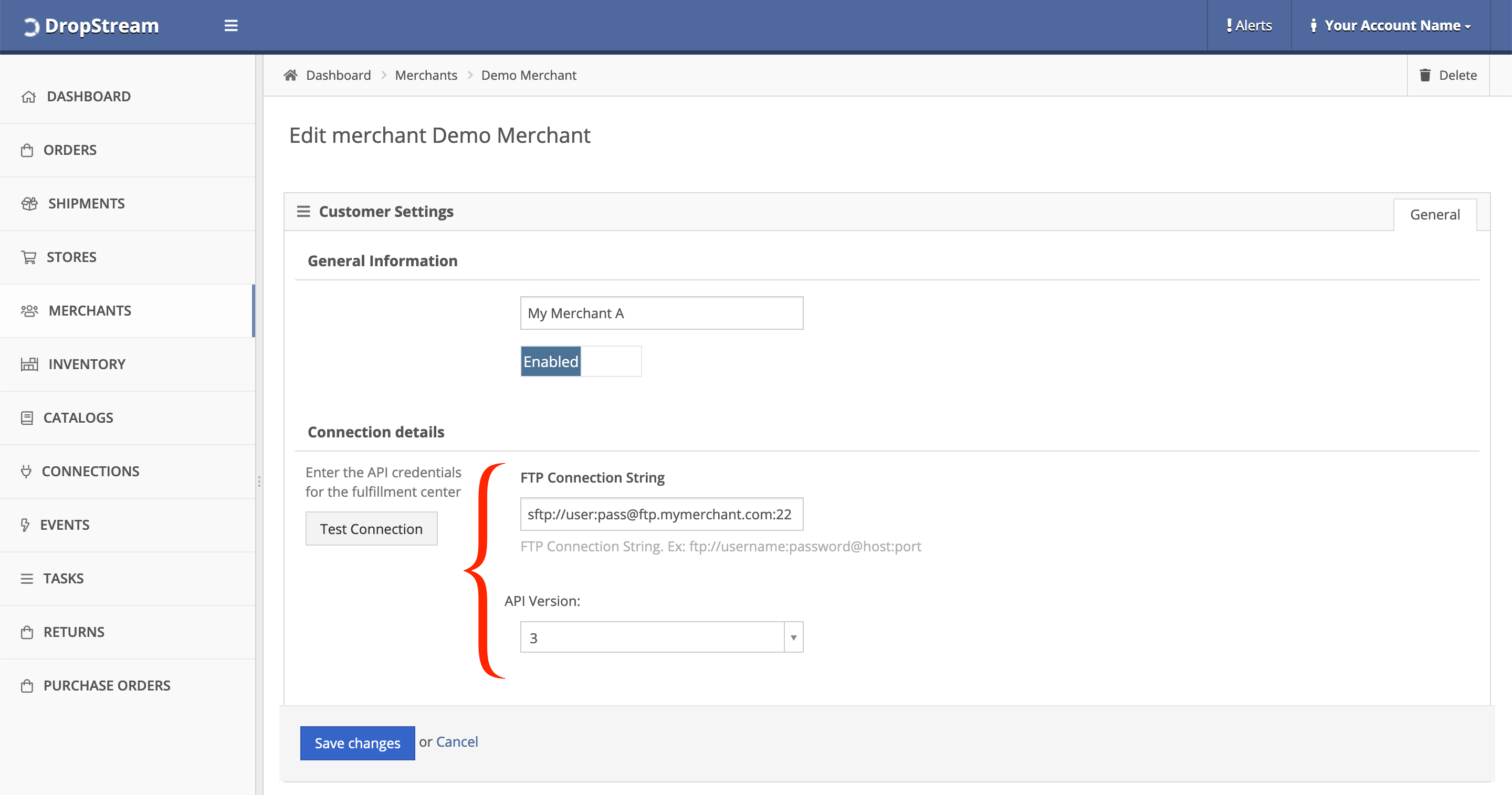 In Connection details, enter your merchant's carrier information.