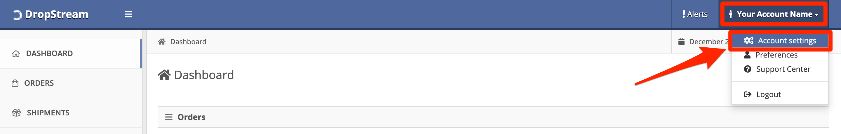 DropStream Dashboard, Account Name, Account Settings.