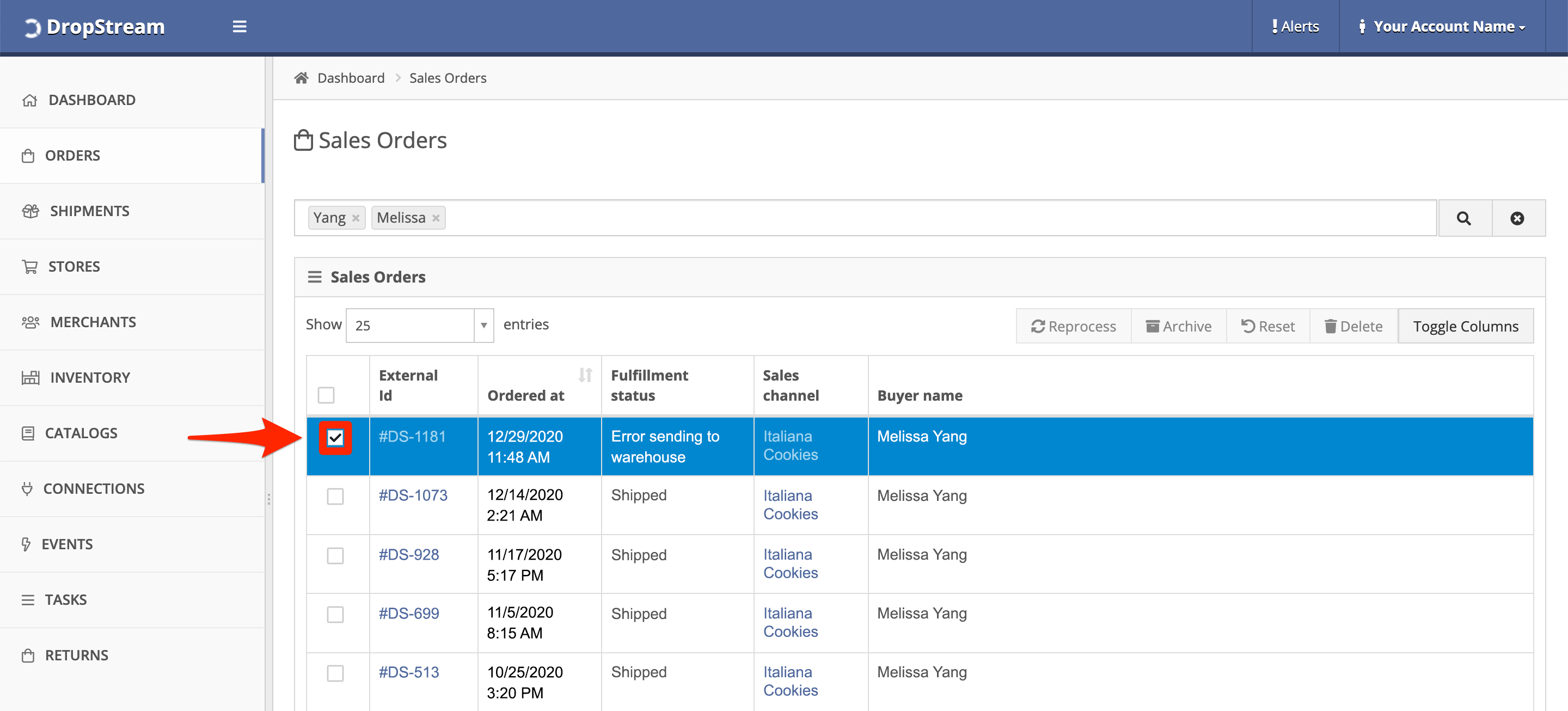 Select the orders to be reprocessed.