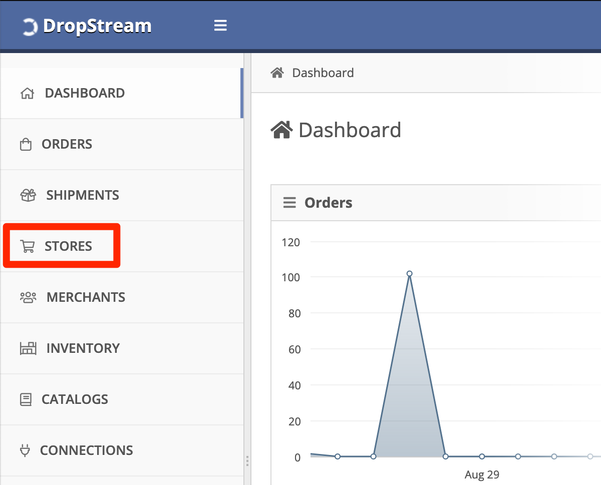 In DropStream Dashboard, click Stores.