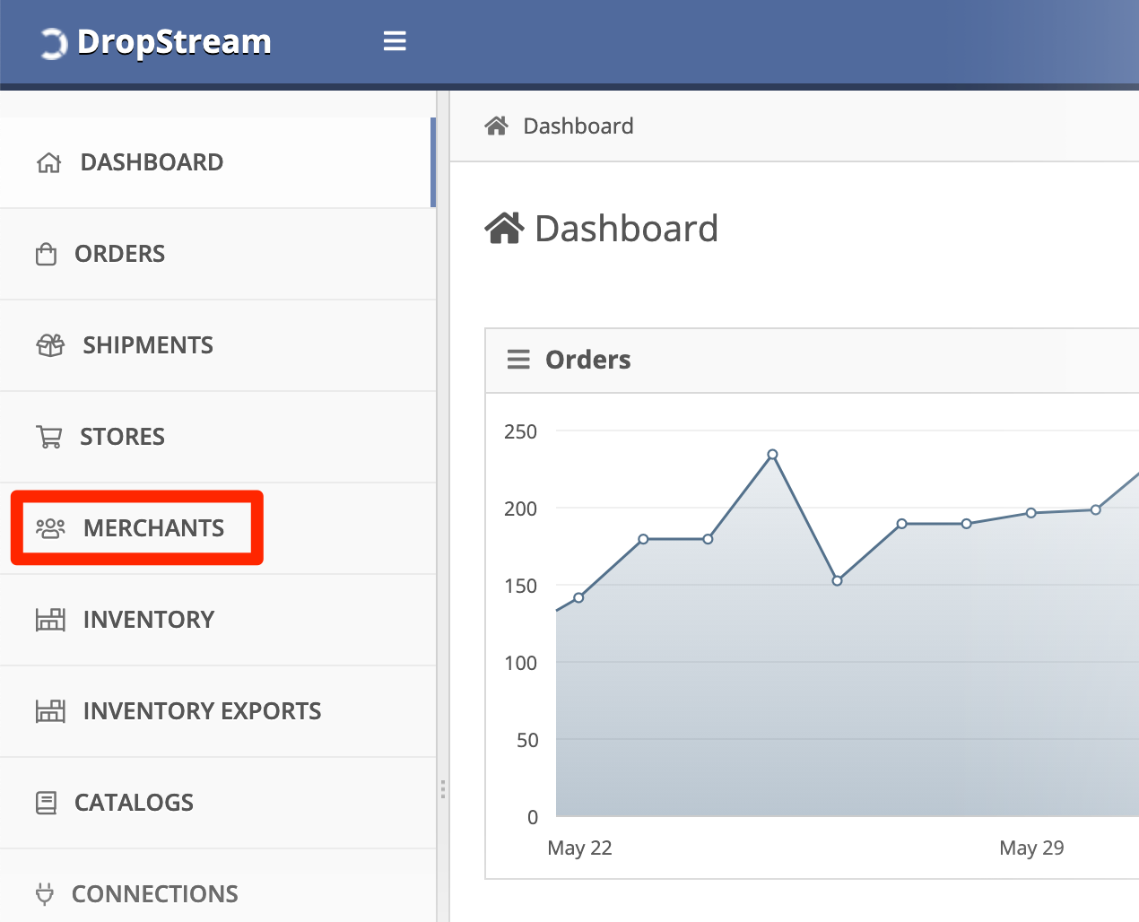 In DropStream Dashboard, click Merchants.