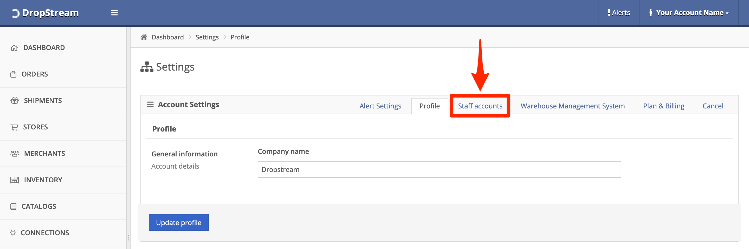 Click Staff Accounts.