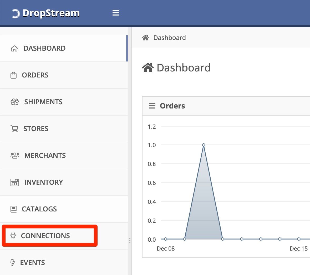 In the DropStream Dashboard, click Connections.