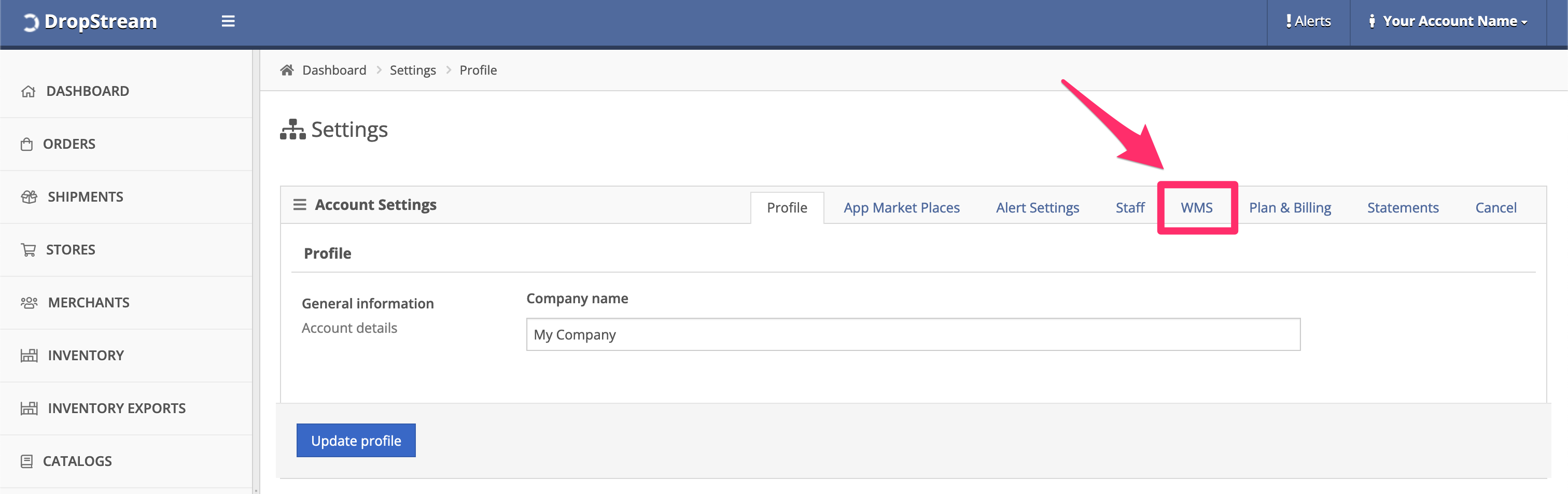 In Account Settings, click WMS tab
