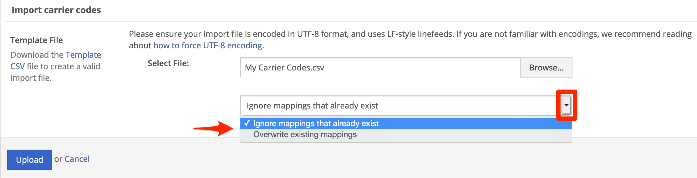 Select the import overwrite mode from the drodown menu.