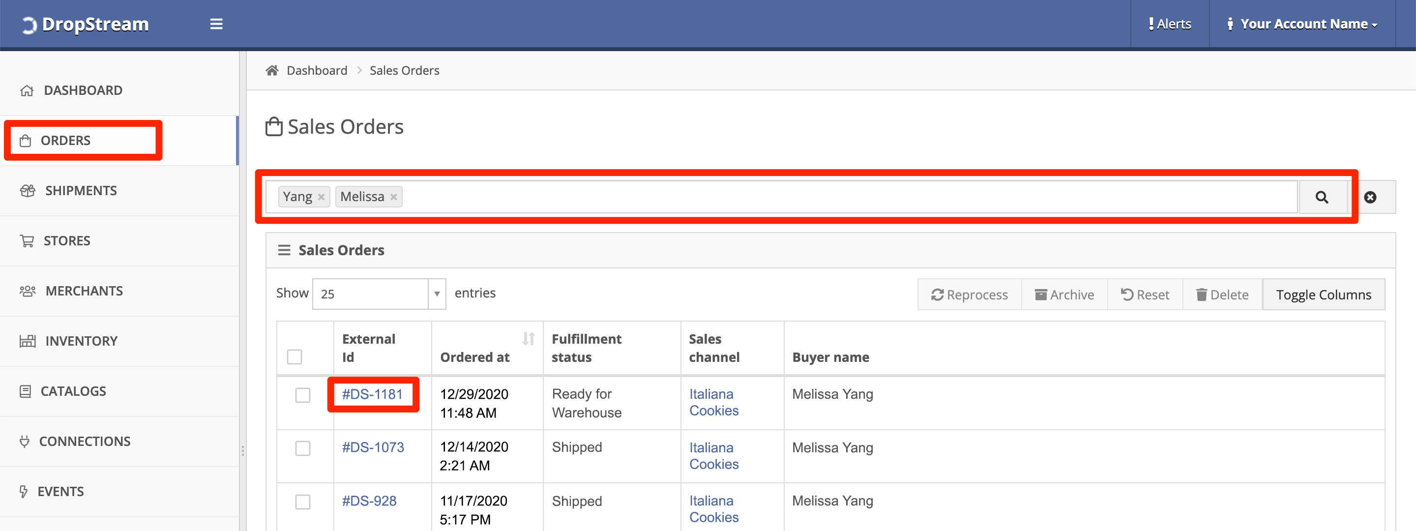 In DropStream, click Orders. Search for an Order, then click its External ID.