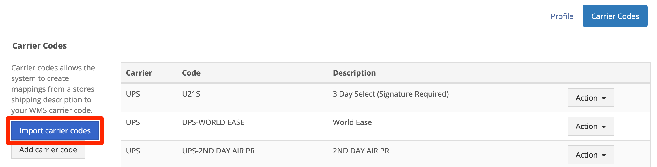 Click Import Carrier Codes