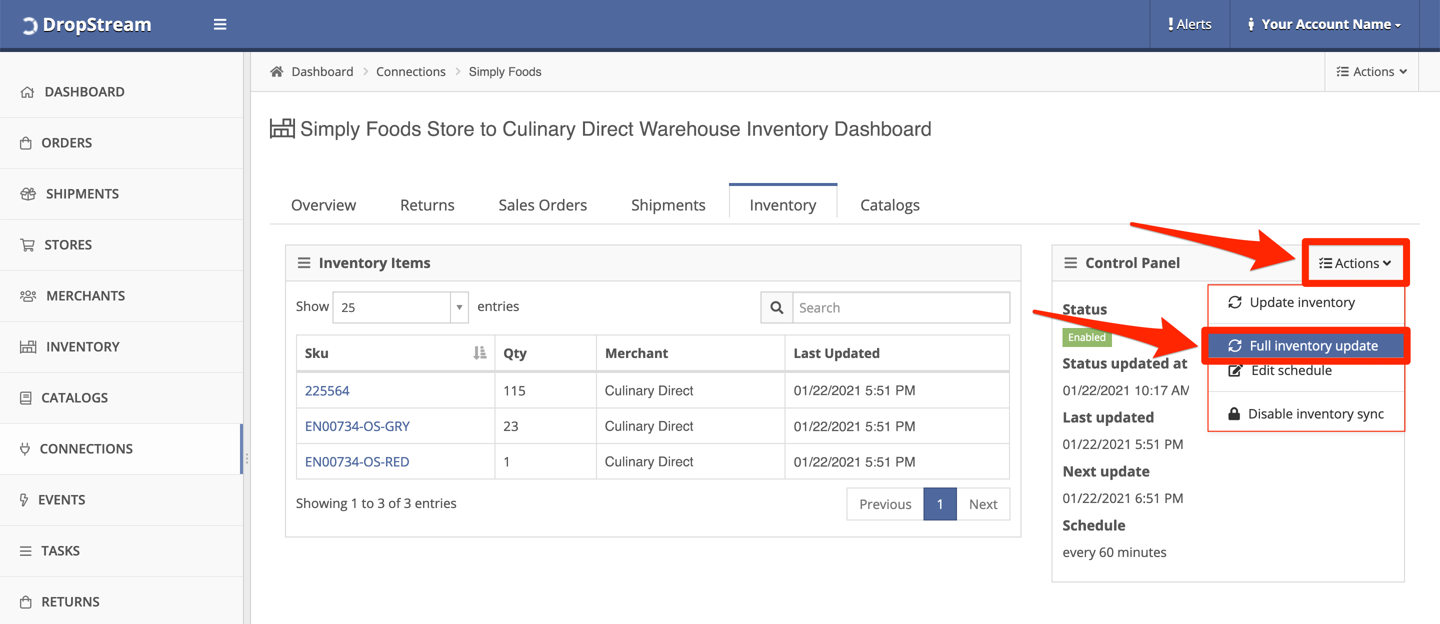 In Control Panel, click Actions, Full inventory update.
