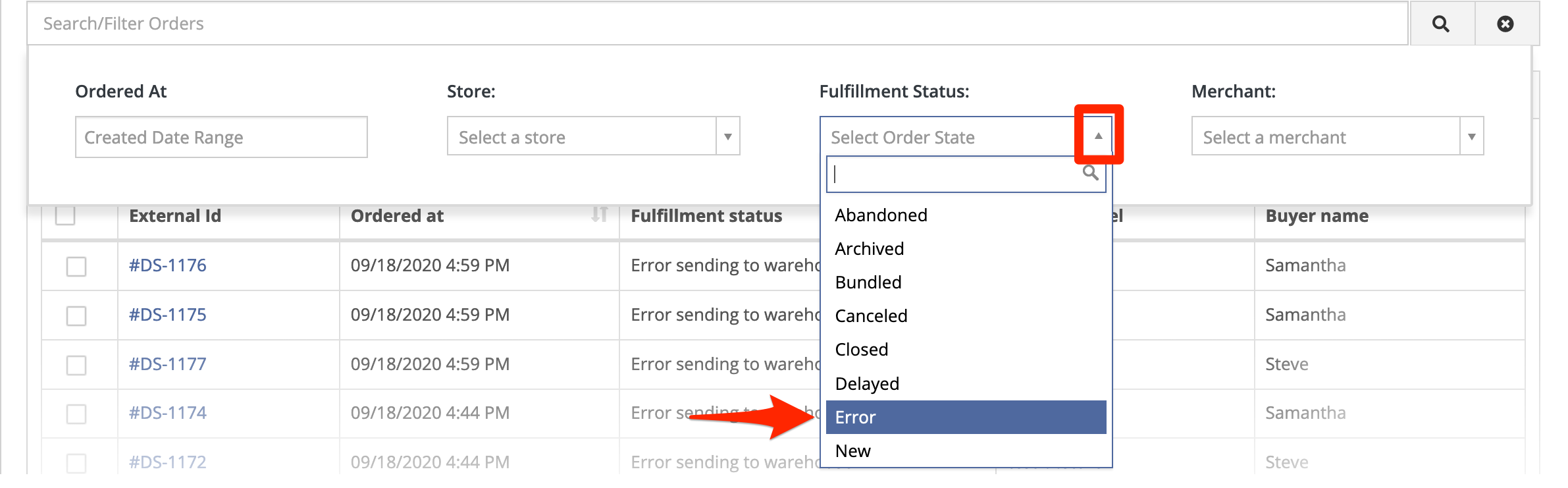 Fulfillment Status filter