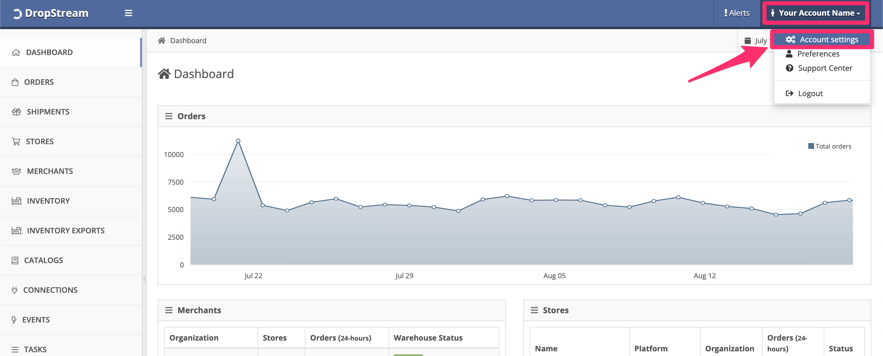 In DropStream Dashboard, click Account Settings.