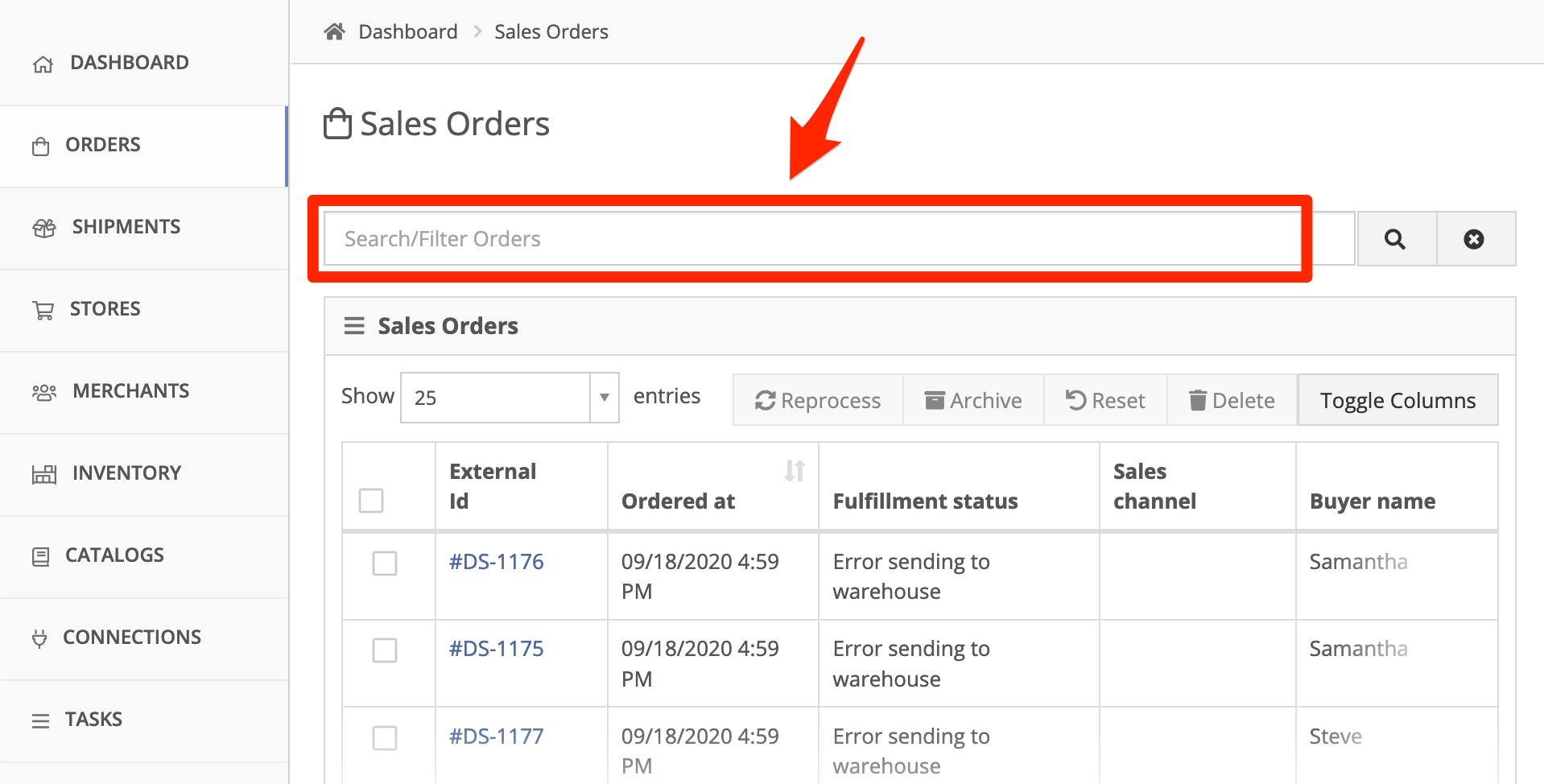 Orders search field