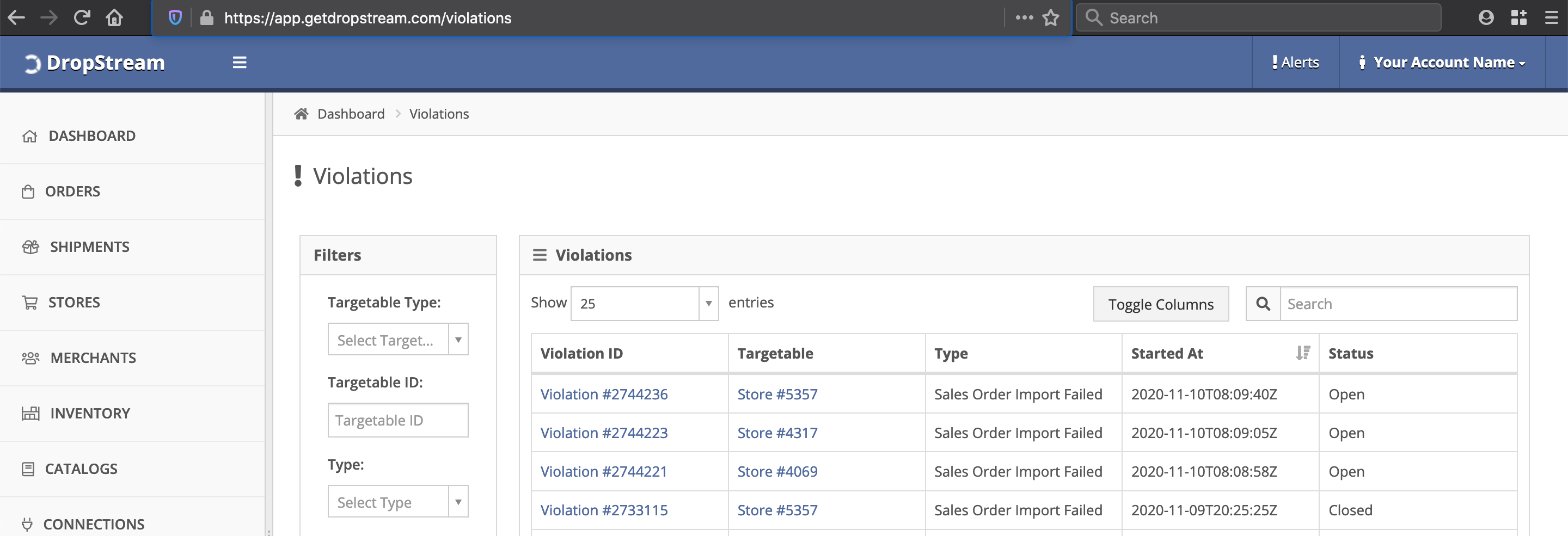 DropStream Violations view