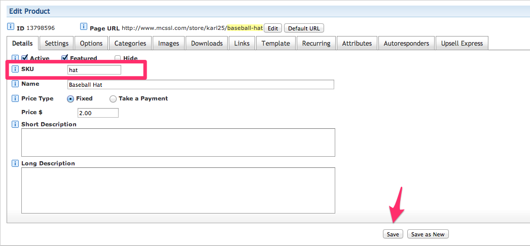 In your 1ShoppingCart admin panel, click Products, Manage Products.
Next to a product, click Edit.
Enter the desired SKU for that product.
Click Save.