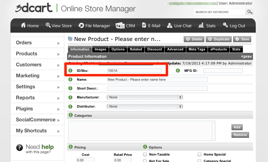 In your 3dcart administration panel, click Products, Add New.
On the New Products page, for ID/SKU, enter a unique SKU.