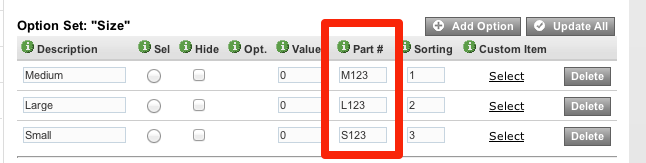 In your 3dcart administration panel, click Products > View/Edit.
In the Products List page, locate the desired product, and click Edit.
Click the Options tab.
Enter a Part Number for each option.