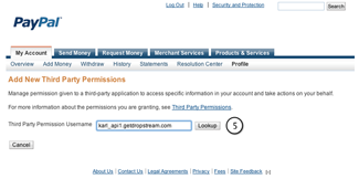 In Third Party Permission Username, enter DropStream's PayPal API username, and click Lookup.
