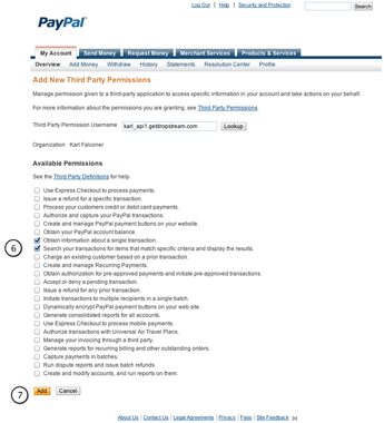 Under Available Permissions, check the boxes Search your transactions for items that match specific criteria and display the results, and Obtain information about a single transaction. Then click Add.