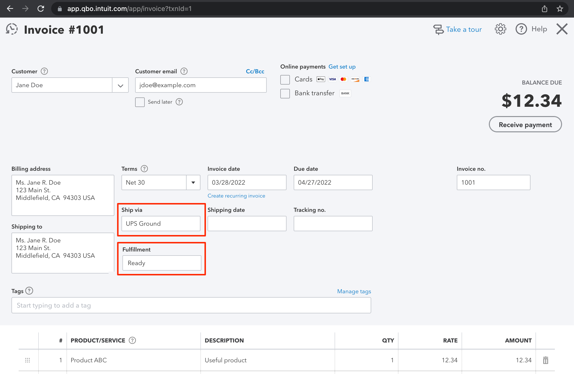 In the QuickBooks Online invoice, enter 'Ready' in the Fulfillment field. Optionally, enter the Carrier and Service Level in the 'Ship via' field.