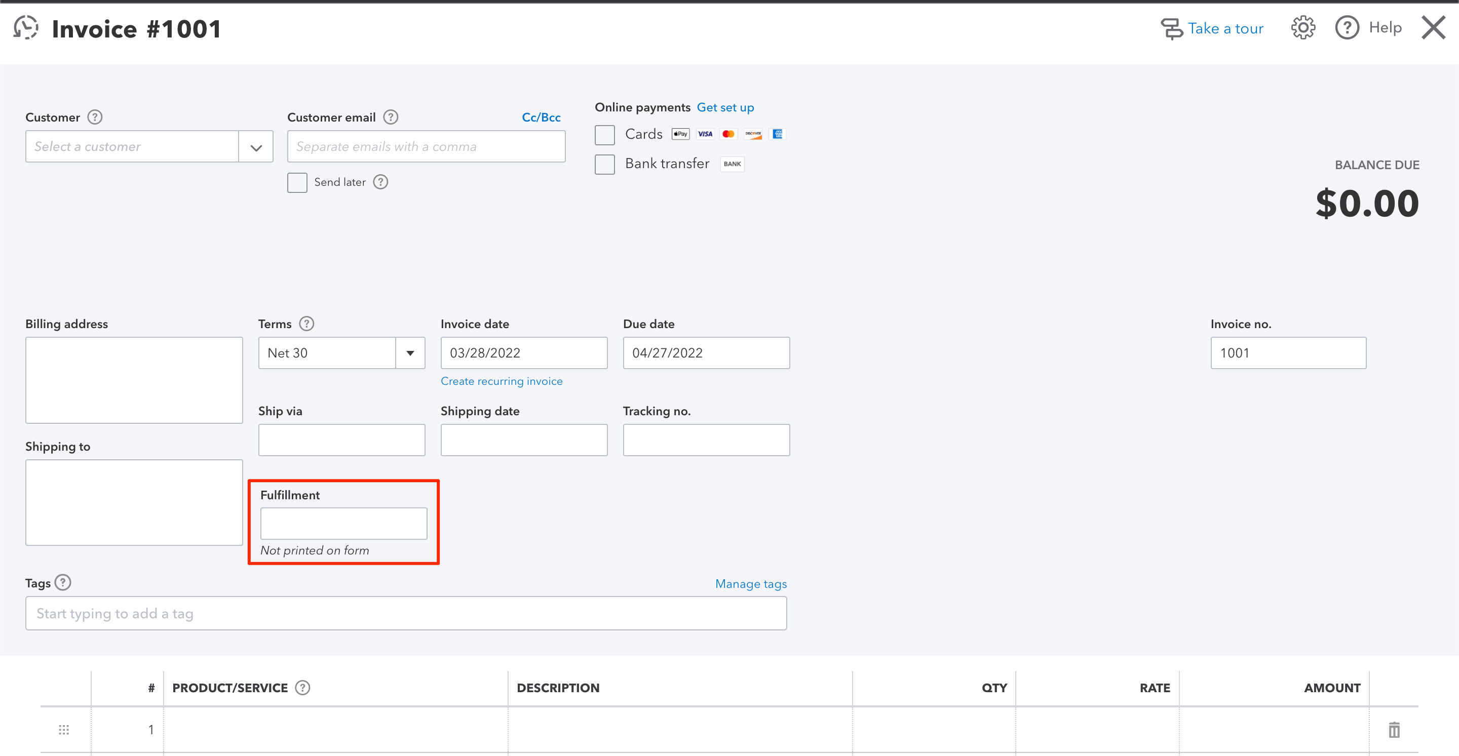 Fulfillment field on QBO invoice
