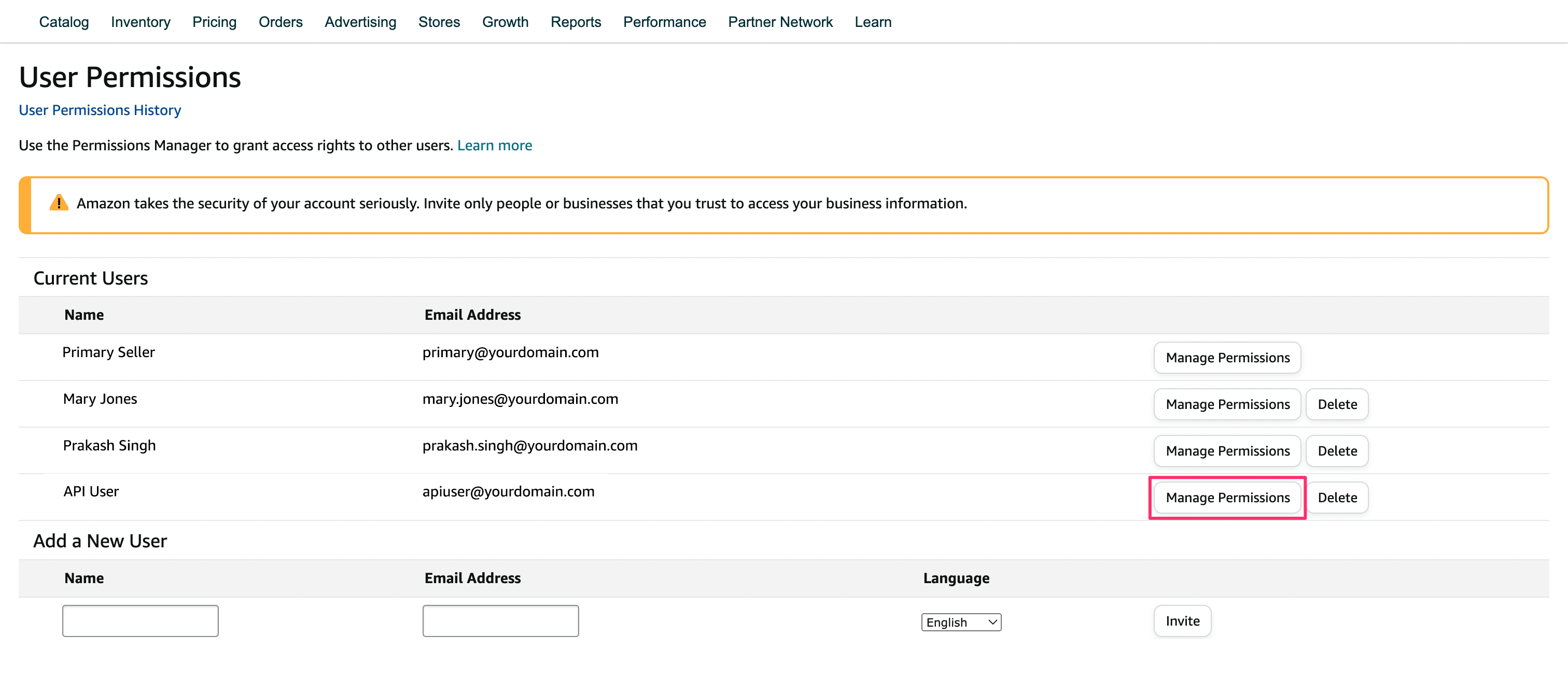 Next to the API User, click Manage Permissions.