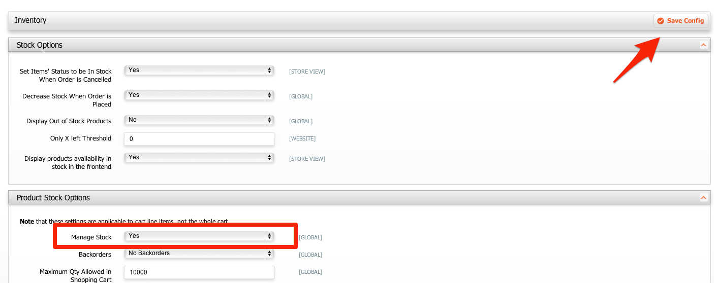 In System configuration, under Catalog, click Inventory. Change the option for Manage Stock to Yes, and Save Config.