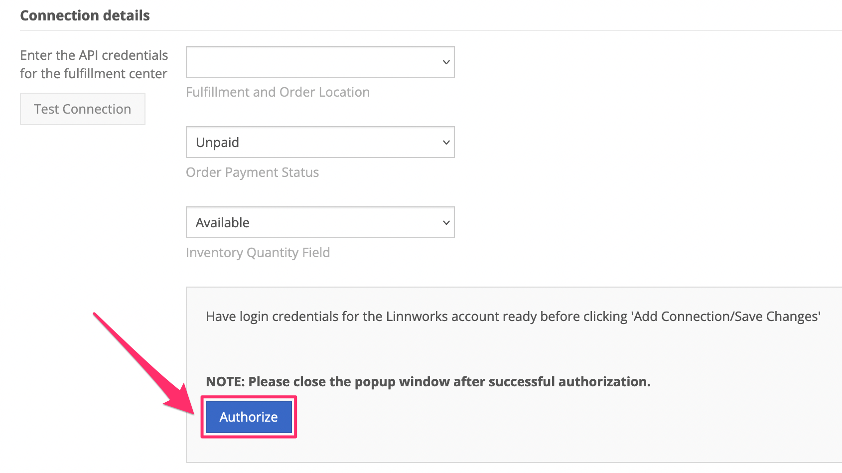 In the Linnworks connection details, click Authorize.